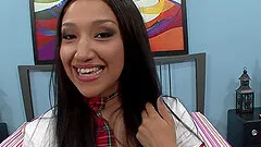 Ebony teen in miniskirt and socks blows and rides a fat dick