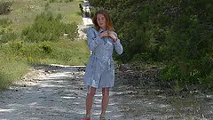 Teen amateur babe Marina K takes a walk and strips on the road