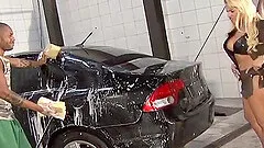 Blonde with huge fake tits Pamela Butt ass fucked by a big black cock