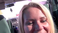 Blue eyed blonde babe sucks and swallows cum in the car