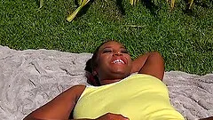 Busty ebony teen babe Eva Quinn gets her tits cum covered outdoors