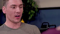 Teen gay couple give head to each other after work in a restaurant