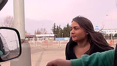 Brunette teen babe Anina gets her mouth filled with cum in a car