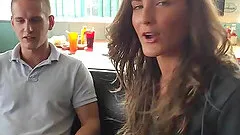 Brunette teen babe Molly Jane gives a quick blowjob in public