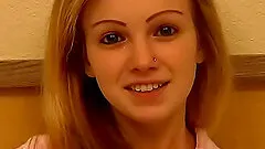 Blonde cutie spreads her pussy and swallows a load close up POV