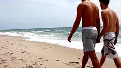 Tanned Latino teen gay dude sprayed with cum after a day on the beach