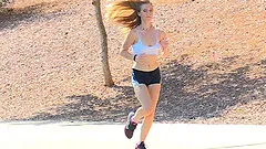 Sporty blonde teen Dakota jogs and takes off her clothes along the way