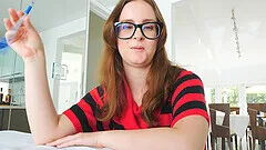 Nerdy long haired amateur brunette Jay takes off her clothes at home