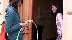 Teen brunette lesbian couple with small tits plays with toys