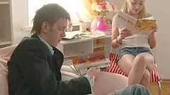 Petite blonde teen Bella ass fucked doggy style and gets a cumshot