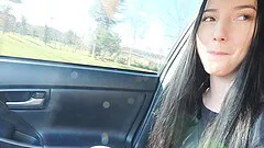 Maia gets horny in a car and starts caressing her small tits