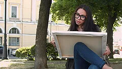 Nerdy busty natural teen Regina Sparks pounded after giving a blowjob