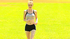 Sporty blonde teen Kenzi strips and masturbates in public