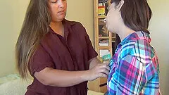 Teen and mature lesbians strip and lick each other on the bed