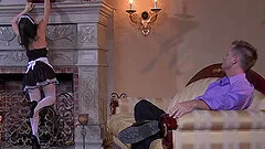 Petite babe in a maid's outfit Katie St. Ives bounces on a hard cock