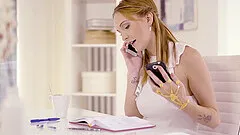 Blindfolded sporty blonde Jessie Diamond takes two big dicks