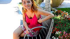 Busty teen Charlotte strips and plays with her pussy in public