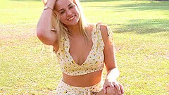 Naturally beautiful and busty teen Sophia flashes her pussy in public