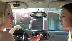 Monica Rise in a lesbian threesome with her friends in a car