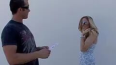 Petite inked blonde vixen devours a stranger's huge cock