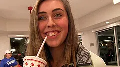 Cute long haired amateur Lacey exposes her tits and pussy in public
