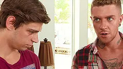 Bearded mature gray haired gay dude cums all over a teen blonde dude