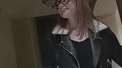 Cute blonde teen Gwen strips with her glasses on in public