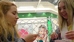 Blonde lesbian couple Daniella Margot and Nara Abel play with toys