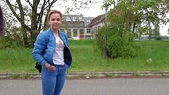 Short haired blonde Megan rides like a pro in the car