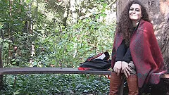 Outdoor masturbation session with chubby Lili in stockings and boots