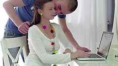 Petite babe Peachy covered with cum after a MMF threesome