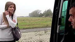 Skinny blonde babe Sarah fucked in a car and gets a huge cum shot