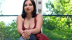 Busty brunette teen Luna gives a sloppy blowjob for a big black cock