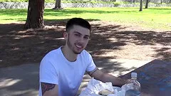 Latino gay teen dude sucks a stranger outdoors and fucks him after