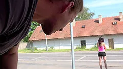 Skinny brunette MILF pounded hard and cream pied in a car