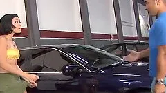 Brunette teen Erika Martinelli swallows her car repair mans cum