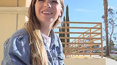 Blonde teen solo model Summer strips and strokes her pussy