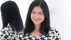 Russian teen brunette Jessica Lincoln eats a huge cumshot