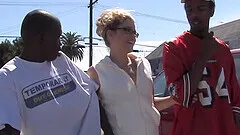 Hardcore interracial MMF threesome with cumshots for Katie Thomas