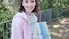 Cute brunette teen Aria Lee loves getting cum on her face