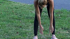 Sporty blonde babe Sarah Cute deep throats a cock and gets ass fucked