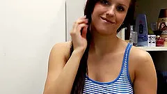 Sexy teen Morgan Blanchette sitting on silrver vibrator