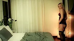 Tattooed blonde teen Scarlett Johnson strips and fucks two hard cocks