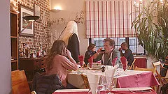 Blanche Bradburry and Ally Breelsen share a cock in public