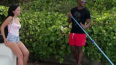 Gina Ferocious fucks a big black cock by the swimming pool