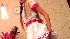 Horny nurse masturbates and toys her shaved cunt and ass anally up her skirt