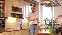 Curly-haired teen let boyfriend's dad drill her twat on sofa