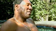 Cowgirl giving big cock blowjob in interracial porn outdoor