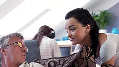 Horny brunette unleashes all lust on boyfriend's old daddy