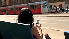 Horny dame getting cozy with her gentleman before awarding him with superb handjob outdoor